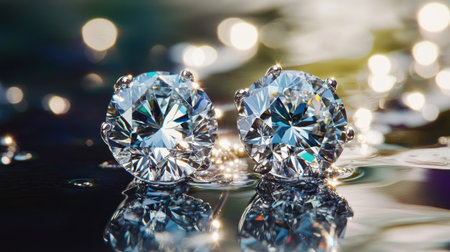 A striking still life of diamond earrings placed on a reflective surface, with soft diffused lighting that enhances their sparkle and brillianceの素材