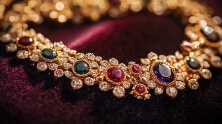 A stunning gold necklace with sparkling gemstones, arranged on a velvet surface, reflecting luxury and intricate craftsmanshipの素材