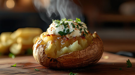 A steaming baked potato on a cutting board, butter seeping into the crispy skin, sour cream swirled on top, with herbs and spices for a flavorful side dishの素材