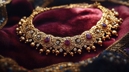 A stunning gold necklace with intricate designs and gemstone accents, arranged on a velvet background, showcasing the brilliance of luxury jewelryの素材
