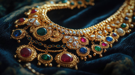A stunning Indian gold necklace with delicate craftsmanship and colorful gemstones, artistically arranged on a dark velvet surface, capturing luxuryの素材