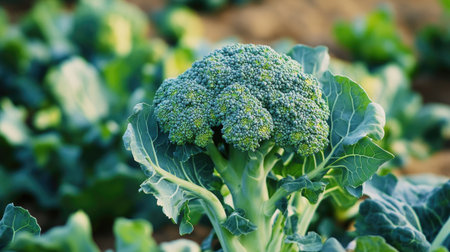 A thriving broccoli plant, its florets fully formed, ready for harvest. This vegetable is a cultivar of the Brassica oleracea species, similar to cabbage and cauliflowerの素材
