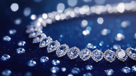 A stunning diamond necklace on a sapphire blue surface, viewed from above, with the sparkling diamonds highlighted against the rich backdropの素材
