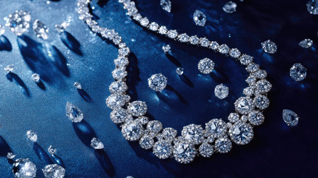 A stunning diamond necklace on a sapphire blue surface, viewed from above, with the sparkling diamonds highlighted against the rich backdropの素材