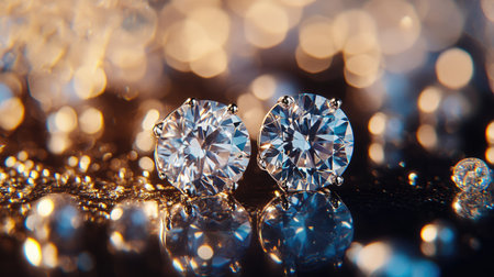 A striking still life of diamond earrings placed on a reflective surface, with soft diffused lighting that enhances their sparkle and brillianceの素材