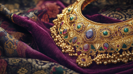 A stunning gold necklace with traditional Indian motifs, highlighted with colorful gemstones and intricate craftsmanship, set against a royal velvet backgroundの素材