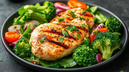 A wholesome meal featuring grilled roast chicken breast, accompanied by fresh salad and steamed broccoli. The healthy, balanced dish emphasizes nutrition and flavorの素材