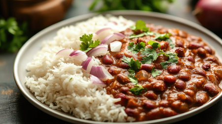 A traditional North Indian meal of Rajma Chawal, served on a white plate with kidney bean curry and steaming hot rice. Garnished with coriander and onions.の素材