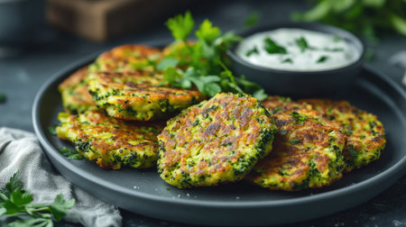A wholesome vegan meal of broccoli and zucchini fritters, crisp and golden, served with a side of fresh herbs and a light vegan dip. Perfect for a healthy, balanced dietの素材