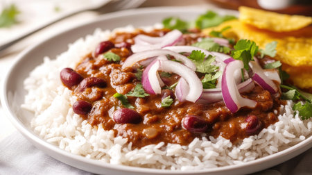 A traditional North Indian meal of Rajma Chawal, served on a white plate with kidney bean curry and steaming hot rice. Garnished with coriander and onions.の素材
