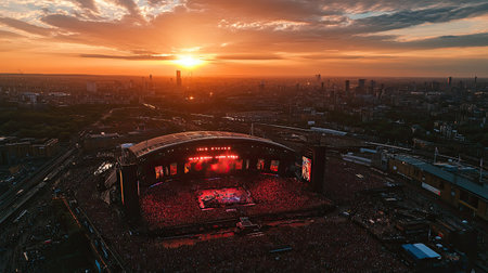 Aerial shot of Wembley Stadium concert with sunset skies, capturing the energy of the crowd and the scenic beauty of Londonaes skyline.の素材