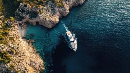 Aerial shot of a luxury yacht cruising off Sardiniaaes rugged coast, surrounded by breathtaking Mediterranean waters and coastal cliffsの素材