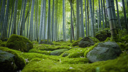 A tranquil bamboo forest with tall bamboo stalks, moss-covered rocks, and a green mossy ground. The peaceful setting invites calm and relaxationの素材