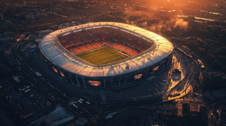 Aerial perspective of Wembley Stadium concert at dusk, the stadium glowing against the soft, fading light of sunset in London.の素材