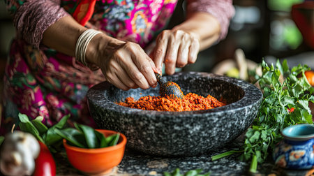 A Thai ladyaes hands gently hold a stone granite pestle with mortar, grinding fresh red curry paste, surrounded by vibrant tropical herbs. The essence of traditional Thai cooking.の素材
