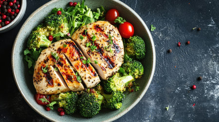 A wholesome meal featuring grilled roast chicken breast, served with crisp salad and vibrant broccoli. A healthy, balanced dish thataes perfect for a clean-eating lifestyleの素材