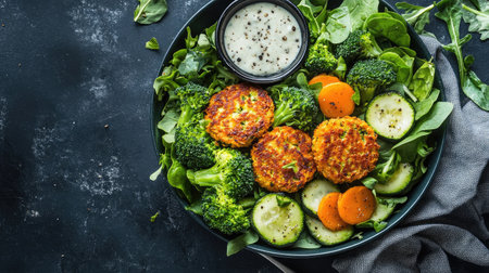 A wholesome vegan meal of crispy broccoli and zucchini fritters, served with fresh greens and a side of light vegan sauce. A healthy, balanced meal for plant-based eatersの素材