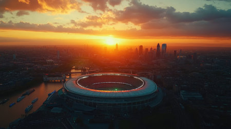 Aerial shot of Wembley Stadium concert with sunset skies, capturing the energy of the crowd and the scenic beauty of Londonaes skyline.の素材