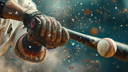 Action-packed close-up of a baseball player hitting the ball, with the bat swinging through and ball flying off the bat.の素材