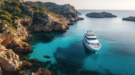 A white luxury yacht anchored in a calm Sardinian bay, surrounded by rocky cliffs and crystal-clear waters, perfect for a relaxing escapeの素材
