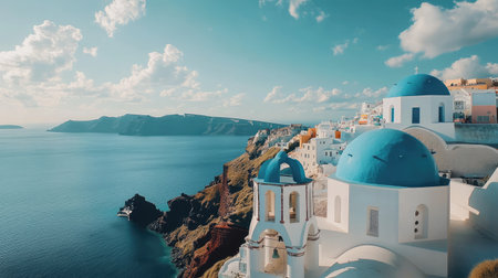 Aerial shot of the white and blue architecture of Santoriniaes Oia village, perched above the Aegean Sea, with dramatic cliffs and open skiesの素材