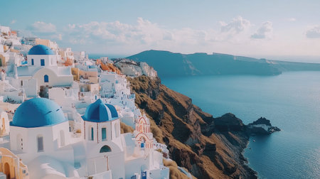 Aerial shot of the white and blue architecture of Santoriniaes Oia village, perched above the Aegean Sea, with dramatic cliffs and open skiesの素材