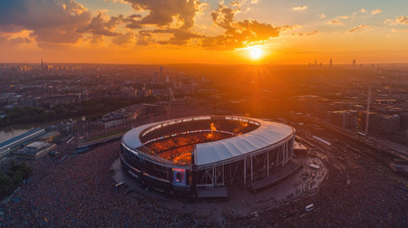 Aerial shot of Wembley Stadium concert with sunset skies, capturing the energy of the crowd and the scenic beauty of Londonaes skyline.の素材