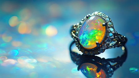 An opal ring with iridescent hues displayed on a reflective glass surface, capturing the shifting colors and ethereal beauty of the gemstoneの素材