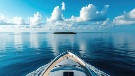 Aerial vista from a yachtaes deck, showing the yacht cutting through calm blue waters toward a distant islandの素材