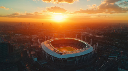 Aerial view of Wembley Stadium at sunset during a concert, with the stage lights contrasting the golden London sky and surrounding city.の素材