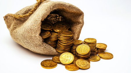 An open treasure sack with a small pile of gold coins and stacks beside it. Simple white background makes the coins pop, representing financial success.の素材