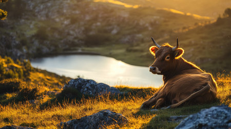 An Asturian Mountain cow sitting on the grass, the golden sunset light adding warmth and serenity to the national parkaes scenic backdrop.の素材