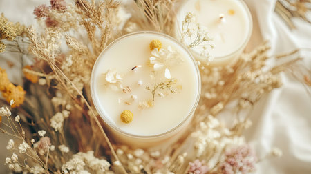 An elegant arrangement of handmade candles made from natural soy wax, surrounded by dried flowers, creating a warm and cozy atmosphere.の素材