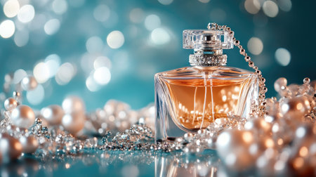 An elegant arrangement of a perfume bottle and sparkling jewelry, including a necklace and earrings, set against a vibrant blue background.の素材