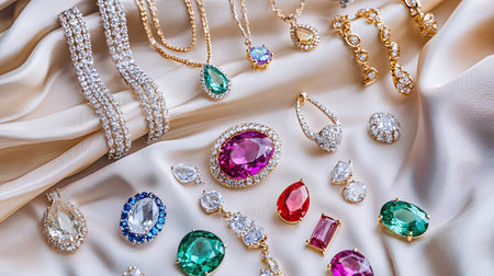 Assorted gem necklaces, rings, and earrings with vibrant stones laid out on luxurious fabric and a white background, highlighting their sparkle.の素材