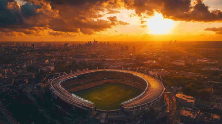 Aerial view of Wembley Stadium during a concert at sunset, with golden skies and vibrant city lights illuminating the London skyline.の素材