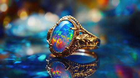 An opal ring with iridescent hues displayed on a reflective glass surface, capturing the shifting colors and ethereal beauty of the gemstoneの素材