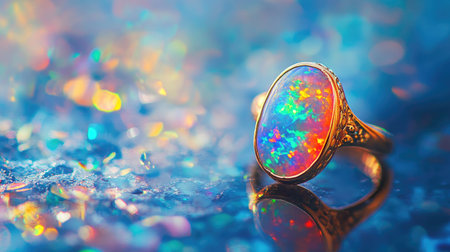 An opal ring with iridescent hues displayed on a reflective glass surface, capturing the shifting colors and ethereal beauty of the gemstoneの素材