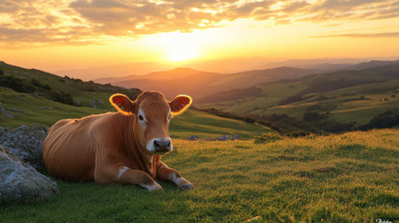 Asturian Mountain cow rests on lush green grass, with the sunset creating a beautiful golden glow in the sky over the national park.の素材