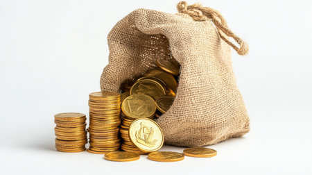 An open treasure sack with a small pile of gold coins and stacks beside it. Simple white background makes the coins pop, representing financial success.の素材