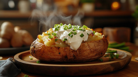 Baked potato with buttery goodness, sour cream, and chopped green onions on a wooden plate, with steam rising in a cozy kitchen settingの素材