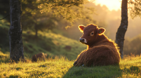 Asturian Mountain cattle cow sitting on green grass at sunset, with golden light streaming through the trees in the national parkaes tranquil landscape.の素材