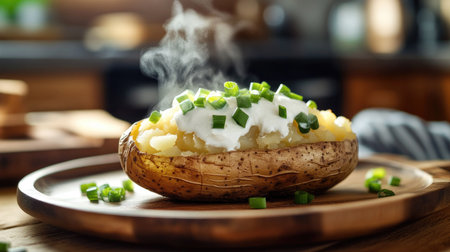 Baked potato with buttery goodness, sour cream, and chopped green onions on a wooden plate, with steam rising in a cozy kitchen settingの素材