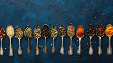 Assorted spices in vintage spoons arranged over a dark blue slate background. Top view composition with vibrant colors and empty space for culinary themes.の素材
