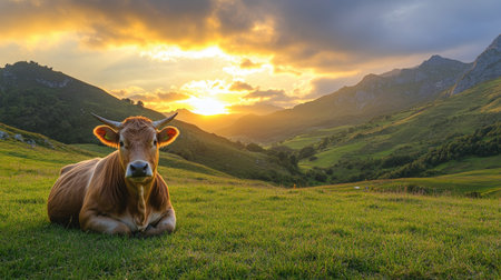 Asturian Mountain cow sitting quietly on a grassy lawn, with the sun setting behind mountains in a peaceful national park setting.の素材