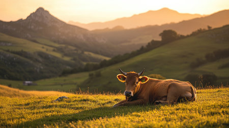 Asturian Mountain cow relaxing on a grassy field at sunset, with mountains in the background and the soft light of a peaceful national park.の素材