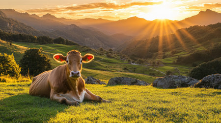 Asturian cow sits on a lush green lawn in a national park, the sun setting behind mountains and casting a golden glow across the landscape.の素材