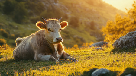 Asturian Mountain cow sits quietly on a grassy lawn, with the sun setting in the background, creating a tranquil national park scene.の素材