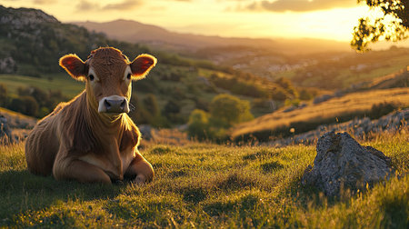 Asturian Mountain cow sits quietly on a grassy lawn, with the sun setting in the background, creating a tranquil national park scene.の素材
