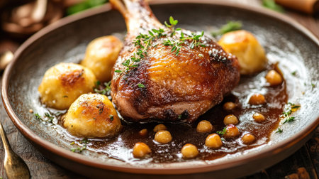 Baked duck leg with golden dumplings, served with rich gravy and garnished with fresh herbs on a rustic plate. The dish is warm and inviting.の素材